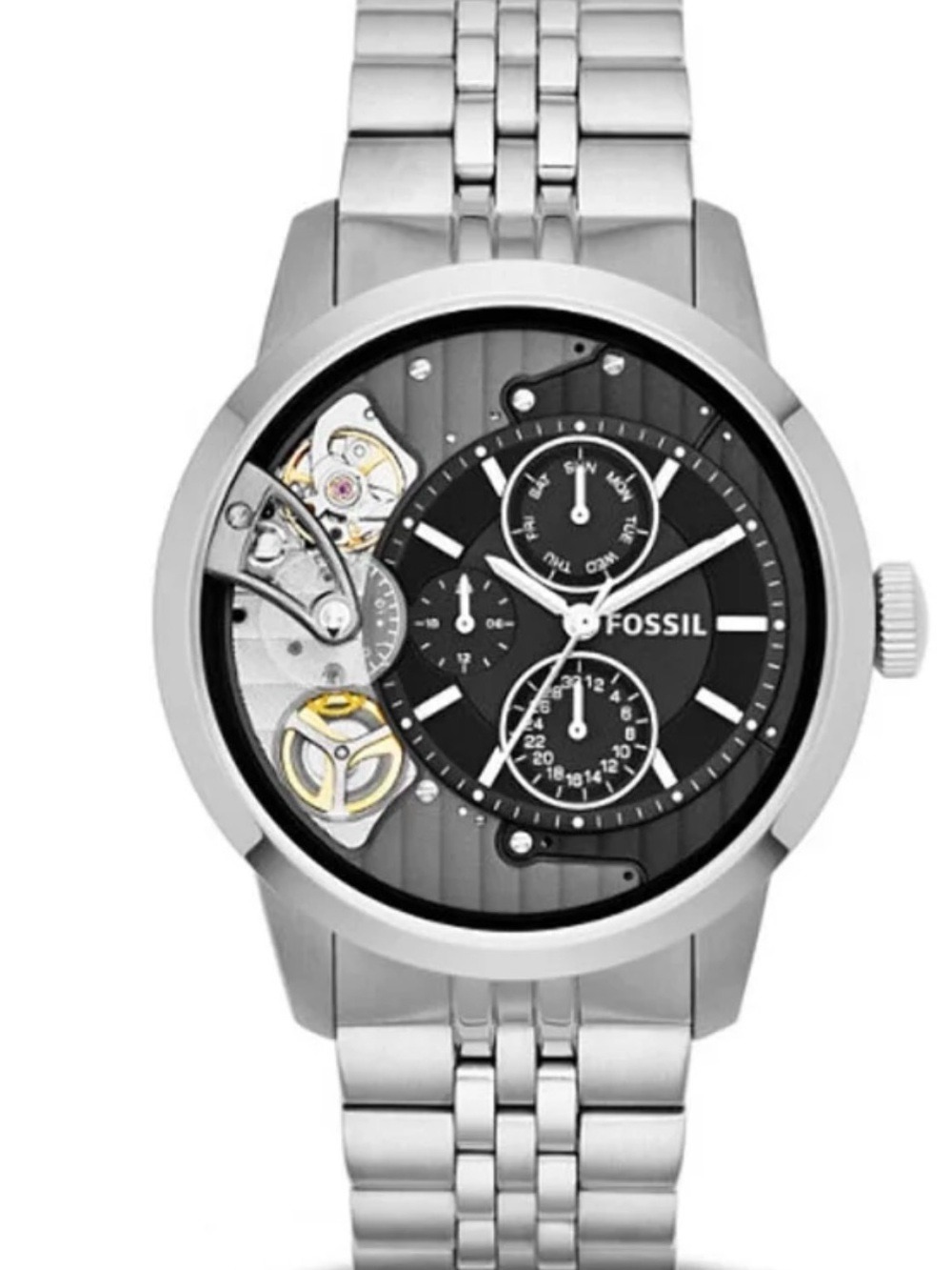 Fossil Silver Steel Watch with Black Dial and Skeleton Accents